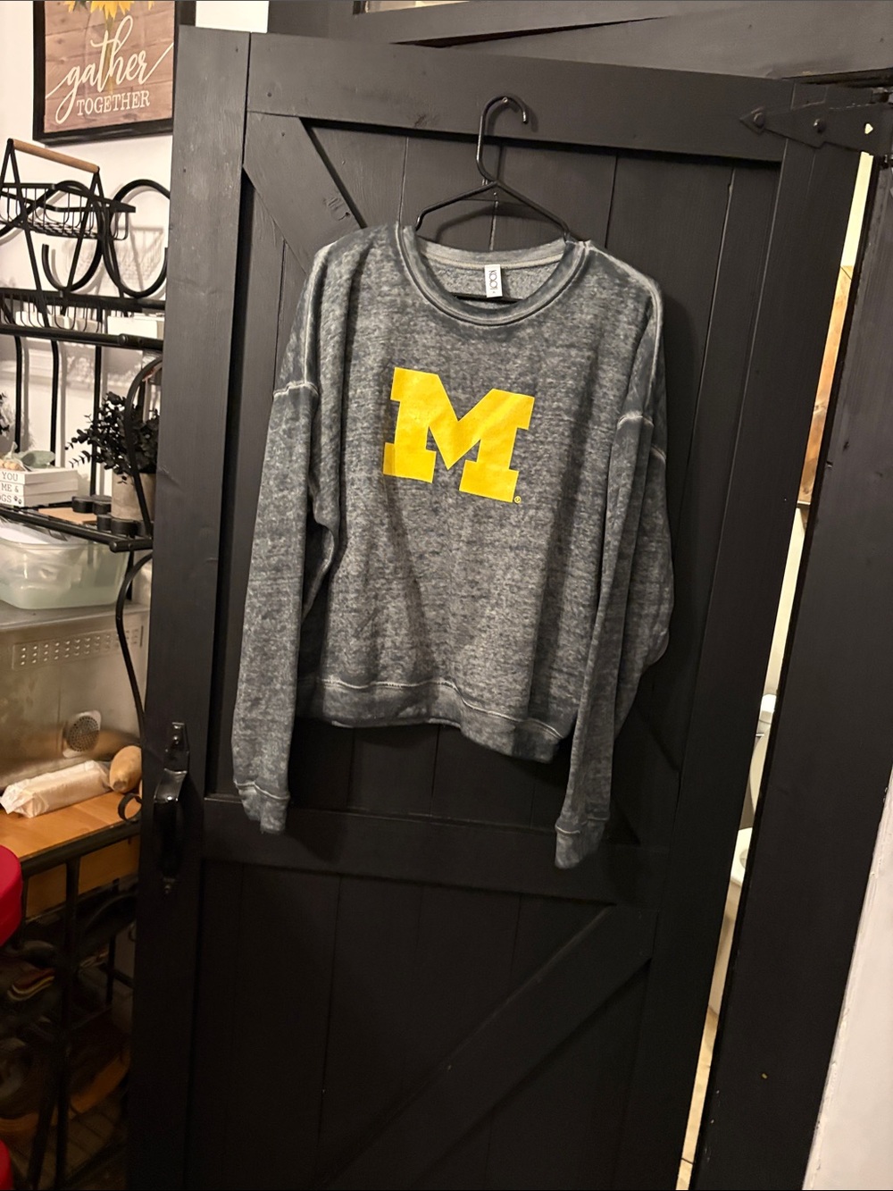 Gray Mineral-Wash Crewneck Sweater with Yellow 'M' Graphic